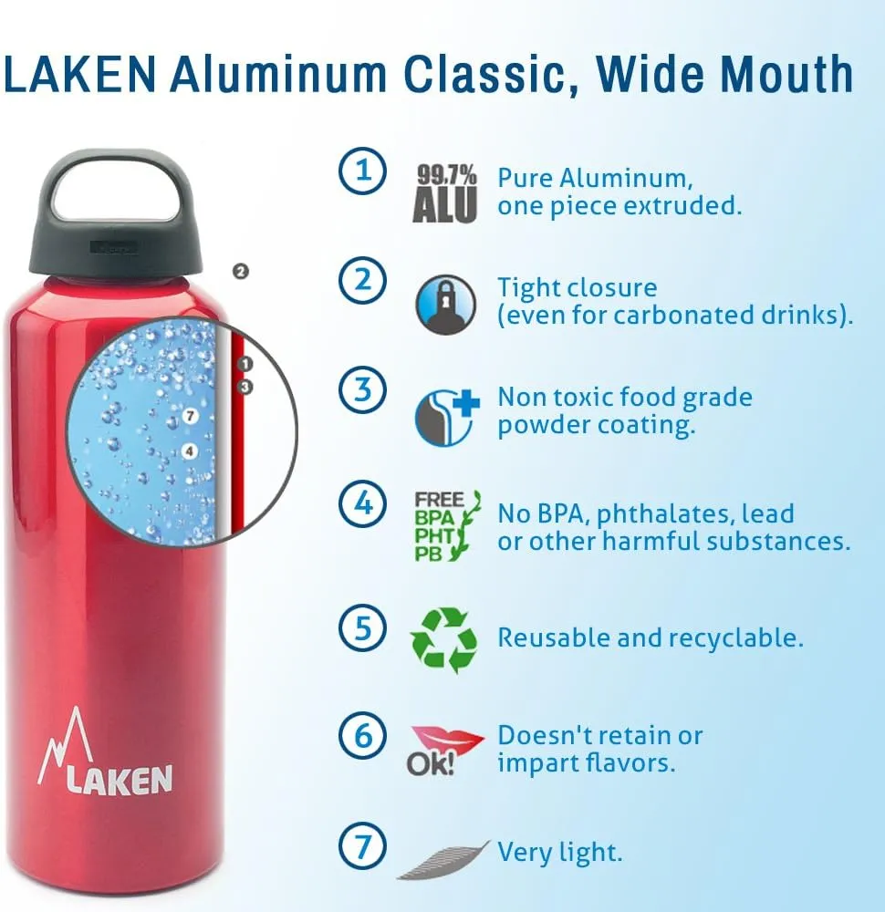 LAKEN Classic Water Bottle Wide Mouth Screw Cap with Loop - 20oz, Apple Green