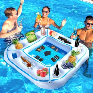 Large Floating Pool Games Table with Waterproof Playing Cards Pool Accessories Hot Tub Tray Card Table Tray Inflatable Food Drink Holder Cooler Containers for Beach Summer Party Indoor Outdoor (White)