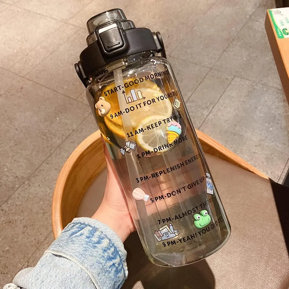 Large Kawaii Clear Gallon Water Bottle with Time Marker and Straw 70oz Kawaii Water Bottle with and Resin Stickers Portable Giant Drinking Bottle for School Sports Yoga Spill Proof Water Jug (Black)