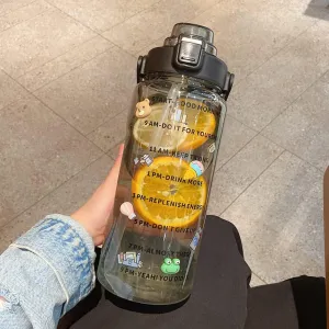 Large Kawaii Clear Gallon Water Bottle with Time Marker and Straw 70oz Kawaii Water Bottle with and Resin Stickers Portable Giant Drinking Bottle for School Sports Yoga Spill Proof Water Jug (Black)