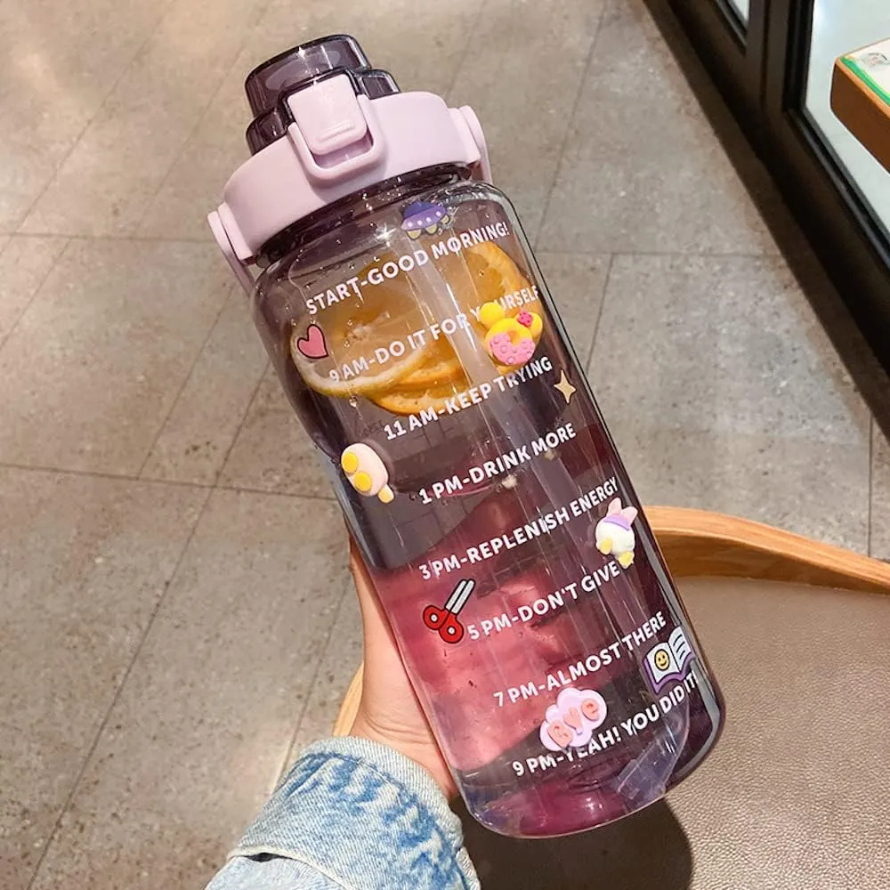 Large Kawaii Clear Gallon Water Bottle with Time Marker and Straw 70oz Kawaii Water Bottle with and Resin Stickers Portable Giant Drinking Bottle for School Sports Yoga Spill Proof Water Jug (Purple)