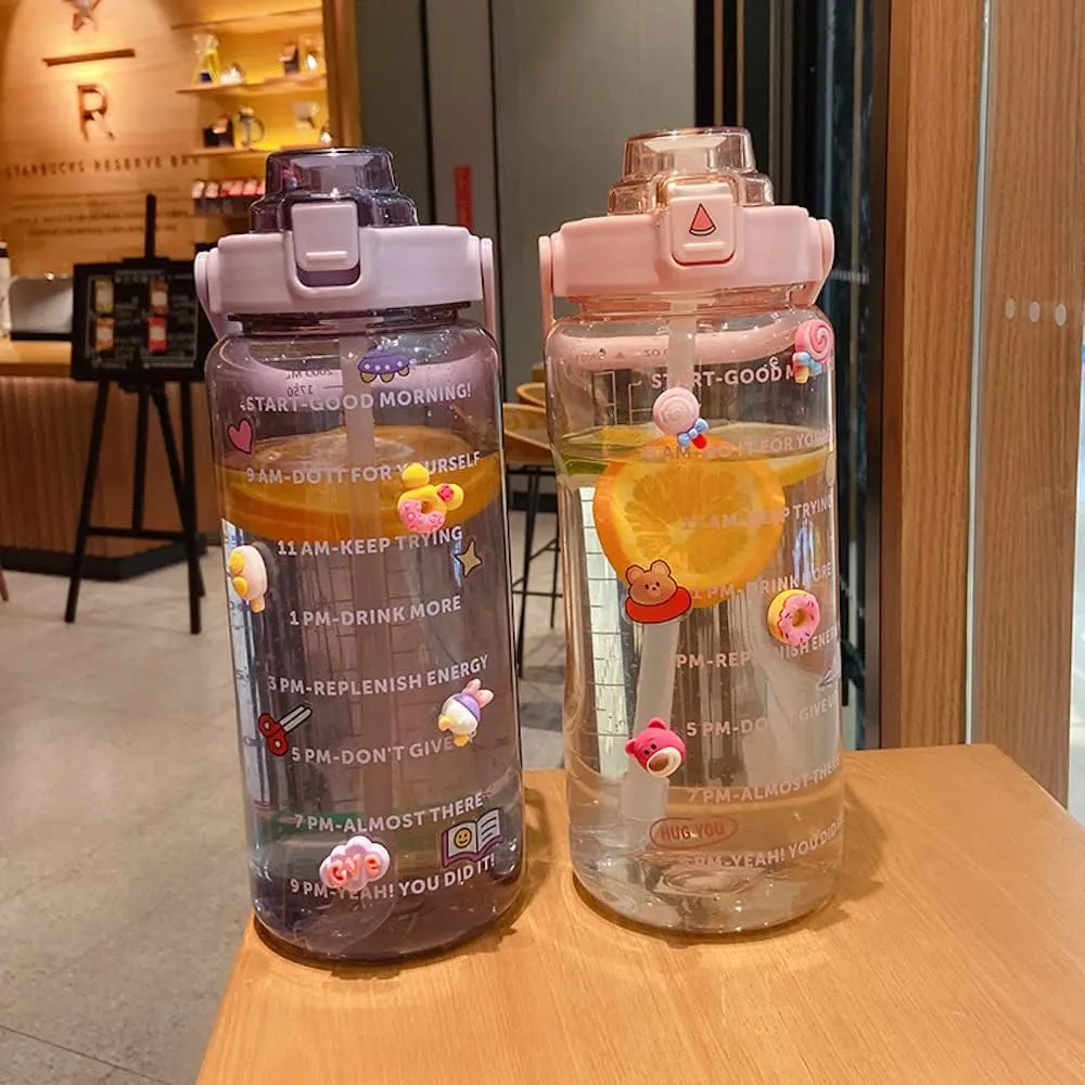 Large Kawaii Clear Gallon Water Bottle with Time Marker and Straw 70oz Kawaii Water Bottle with and Resin Stickers Portable Giant Drinking Bottle for School Sports Yoga Spill Proof Water Jug (Purple)