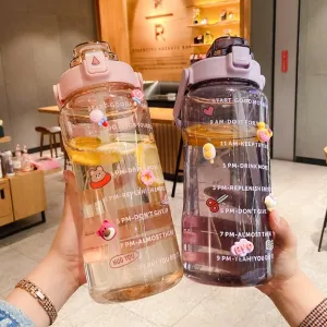 Large Kawaii Clear Gallon Water Bottle with Time Marker and Straw 70oz Kawaii Water Bottle with and Resin Stickers Portable Giant Drinking Bottle for School Sports Yoga Spill Proof Water Jug (Purple)