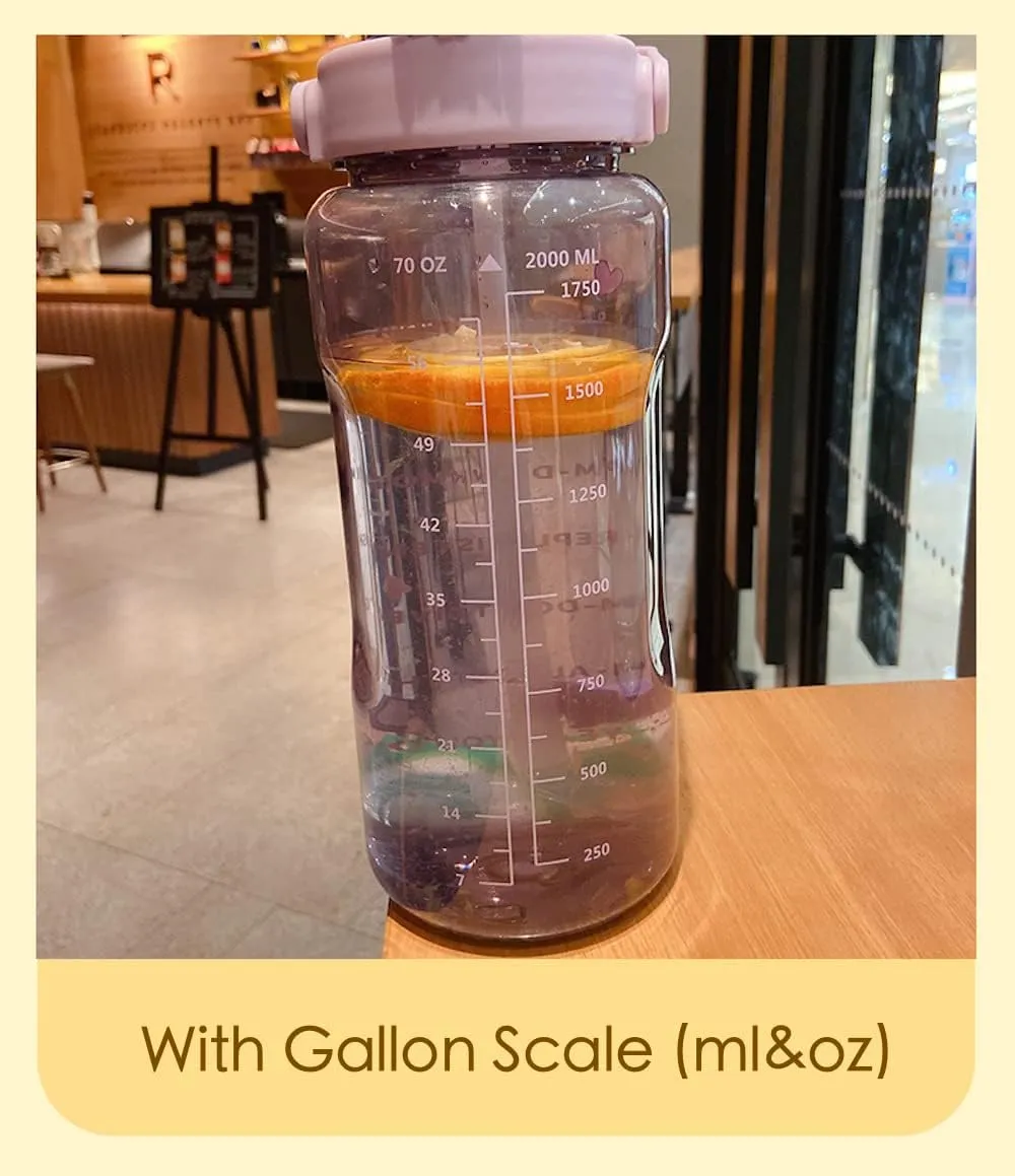 Large Kawaii Clear Gallon Water Bottle with Time Marker and Straw 70oz Kawaii Water Bottle with and Resin Stickers Portable Giant Drinking Bottle for School Sports Yoga Spill Proof Water Jug (Purple)
