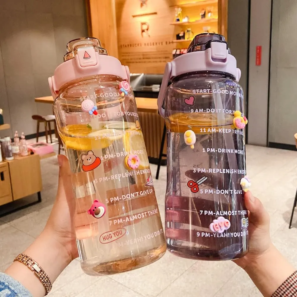 Large Kawaii Clear Gallon Water Bottle with Time Marker and Straw 70oz Kawaii Water Bottle with and Resin Stickers Portable Giant Drinking Bottle for School Sports Yoga Spill Proof Water Jug (Purple)