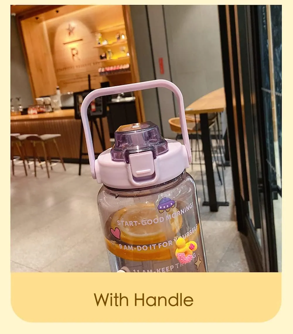 Large Kawaii Clear Gallon Water Bottle with Time Marker and Straw 70oz Kawaii Water Bottle with and Resin Stickers Portable Giant Drinking Bottle for School Sports Yoga Spill Proof Water Jug (Purple)