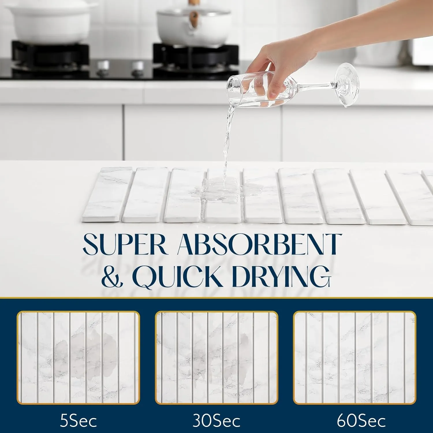 Large Stone Drying Mat for Kitchen Counter - 24x16 Quick Drying Collapsible Dish Drying Mat - Super Absorbent Diatomaceous Earth Mat - Stone Dish Drying Mat for Cups Dishes (White Marble)