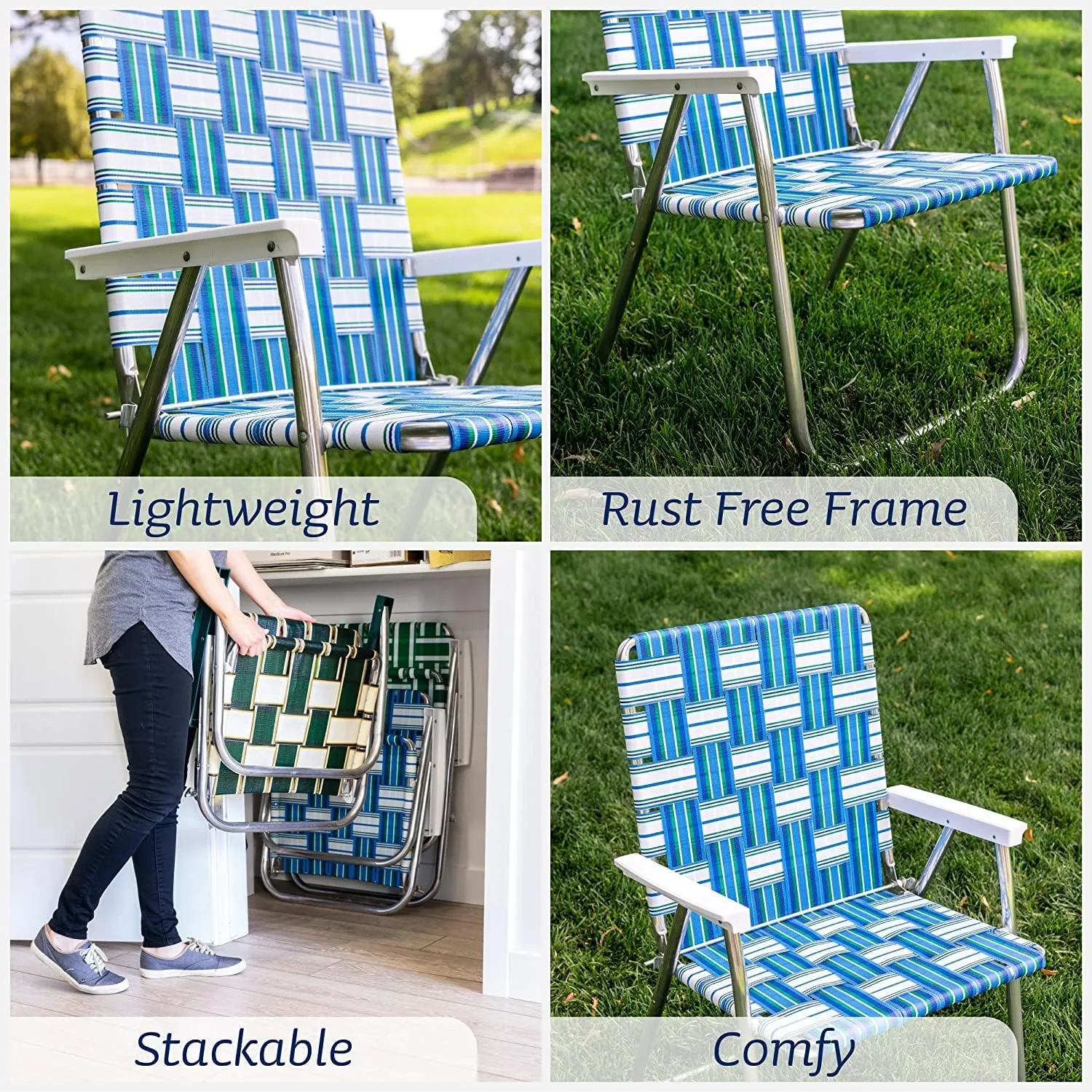 Lawn Chair USA - Outdoor Chairs for Camping. Made with Lightweight Aluminum Frames and UV-Resistant Webbing. Folds for Easy Storage 2- Pack (Yellow and White Stripes with White Arms, Classic)