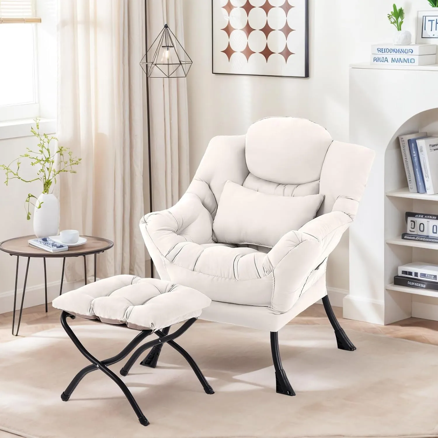 Lazy Chair with Ottoman, Comfy Fabric Accent Lounge Arm Chair with Lumbar Pillow and Folding Footrest, Reading Leisure Sofa Chair for Bedroom, Living Room, Dorm,Beige