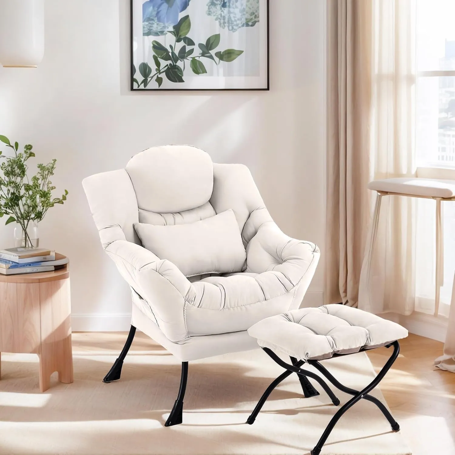 Lazy Chair with Ottoman, Comfy Fabric Accent Lounge Arm Chair with Lumbar Pillow and Folding Footrest, Reading Leisure Sofa Chair for Bedroom, Living Room, Dorm,Beige
