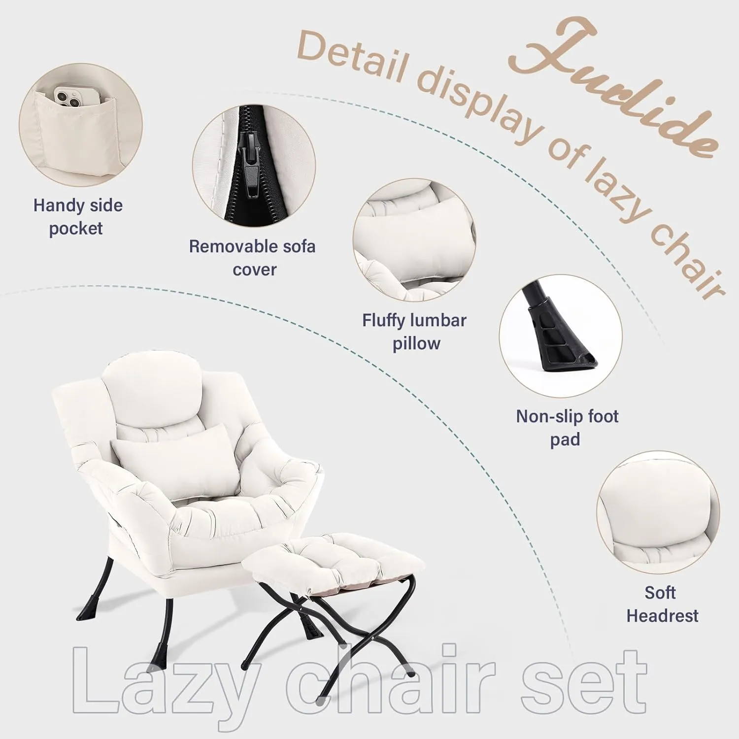 Lazy Chair with Ottoman, Comfy Fabric Accent Lounge Arm Chair with Lumbar Pillow and Folding Footrest, Reading Leisure Sofa Chair for Bedroom, Living Room, Dorm,Beige