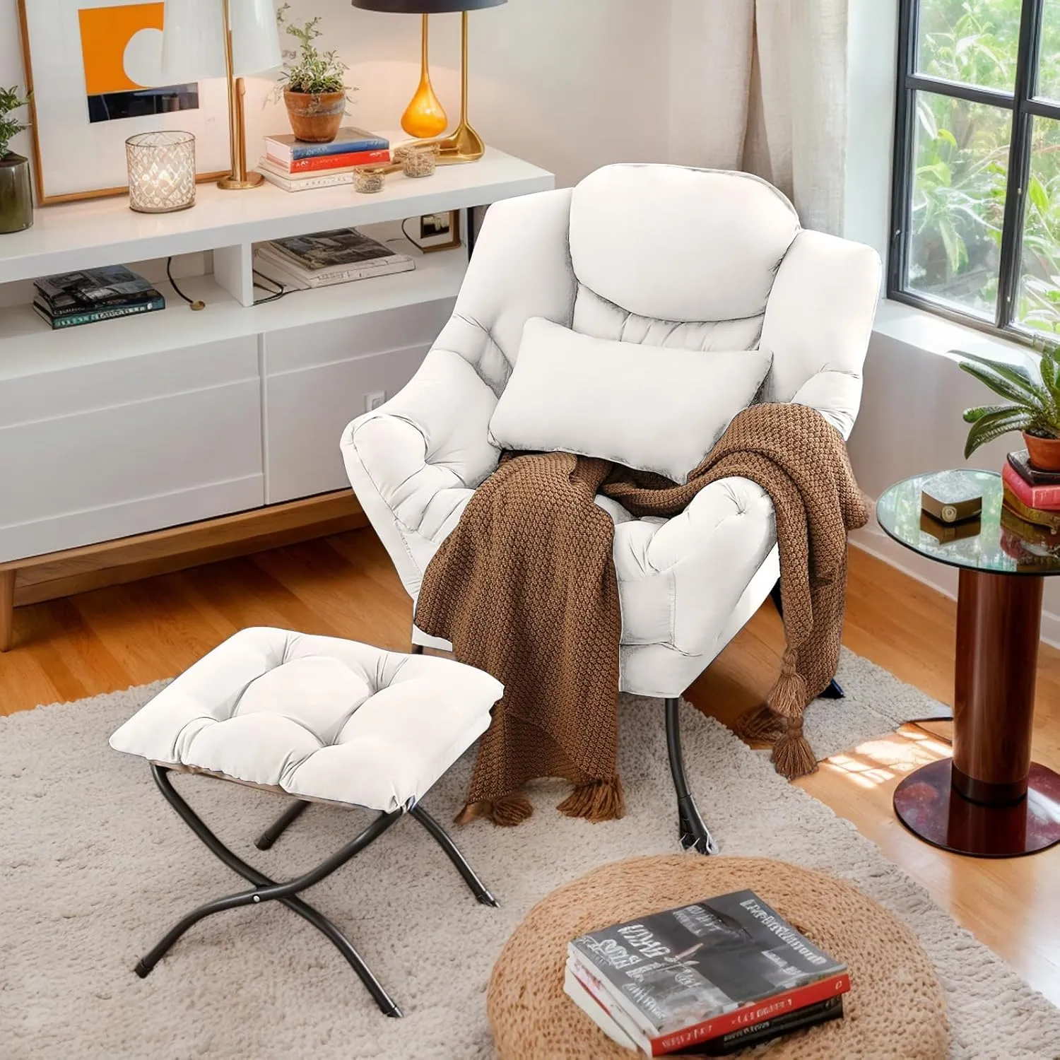 Lazy Chair with Ottoman, Comfy Fabric Accent Lounge Arm Chair with Lumbar Pillow and Folding Footrest, Reading Leisure Sofa Chair for Bedroom, Living Room, Dorm,Beige