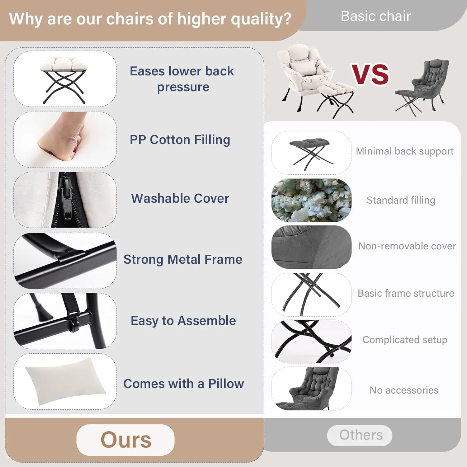 Lazy Chair with Ottoman, Comfy Fabric Accent Lounge Arm Chair with Lumbar Pillow and Folding Footrest, Reading Leisure Sofa Chair for Bedroom, Living Room, Dorm,Beige