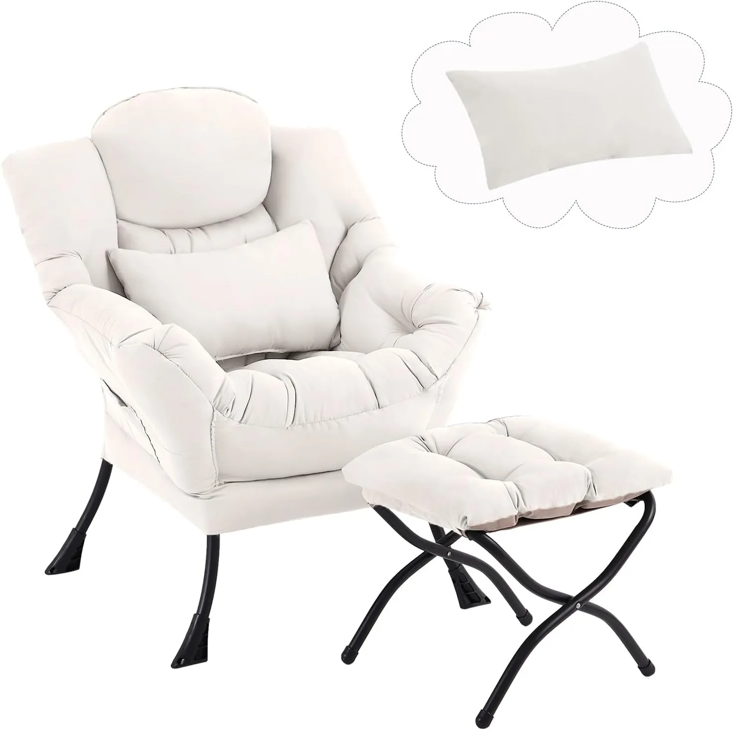 Lazy Chair with Ottoman, Comfy Fabric Accent Lounge Arm Chair with Lumbar Pillow and Folding Footrest, Reading Leisure Sofa Chair for Bedroom, Living Room, Dorm,Beige