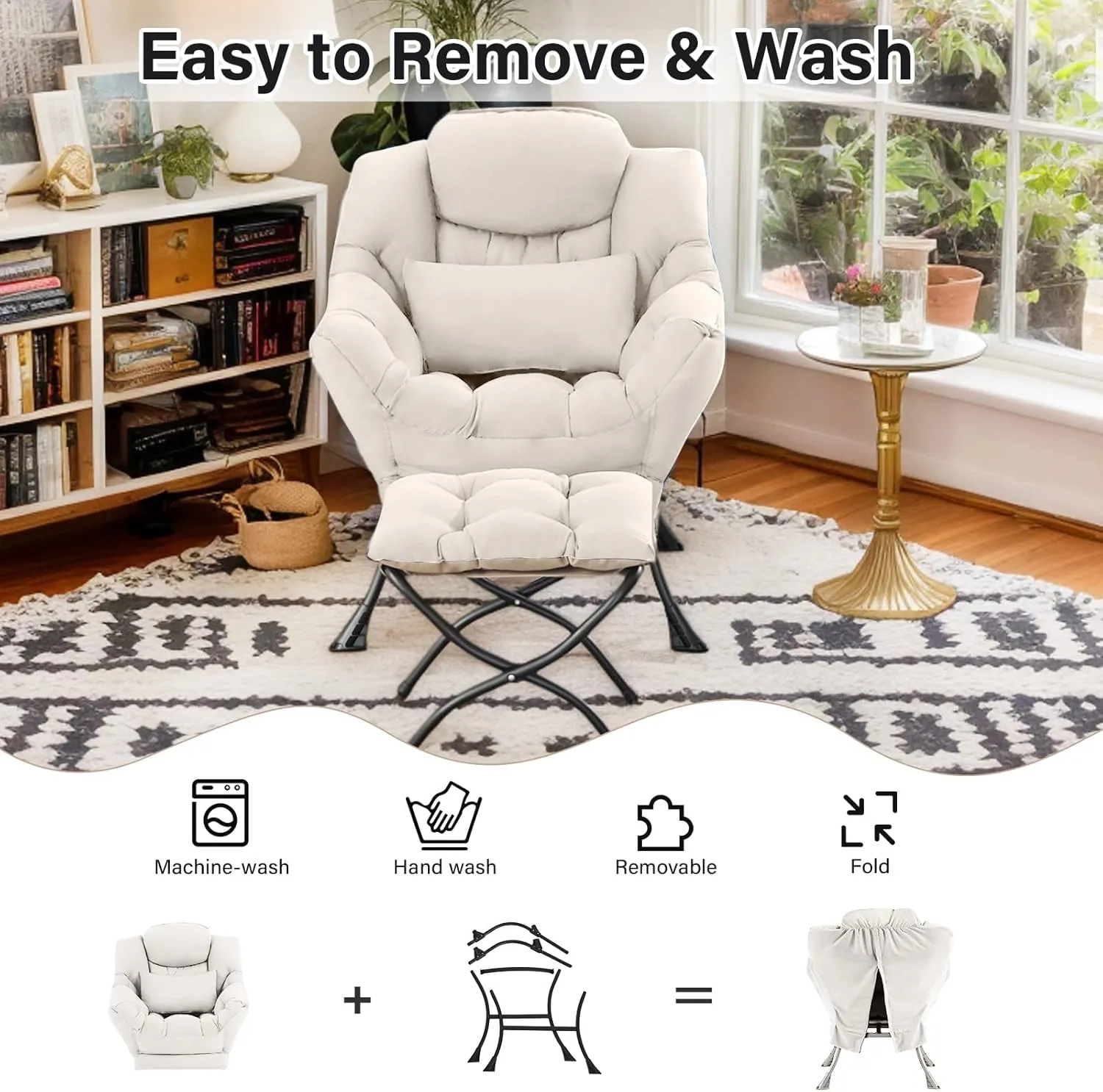 Lazy Chair with Ottoman, Comfy Fabric Accent Lounge Arm Chair with Lumbar Pillow and Folding Footrest, Reading Leisure Sofa Chair for Bedroom, Living Room, Dorm,Beige
