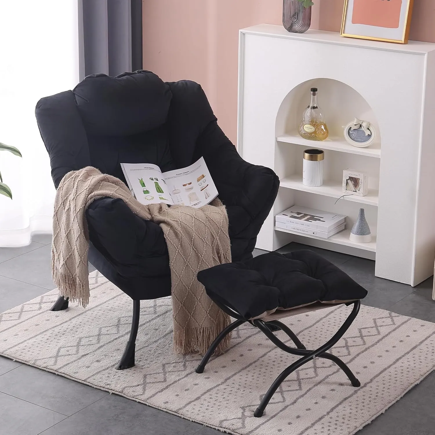 Lazy Chair with Ottoman, Modern Accent Chair Contemporary Lounge Leisure Sofa Chair with Armrests, Reading Chair and Folding Footstool Set for Living Room, Bedroom, Office, Velvet Black