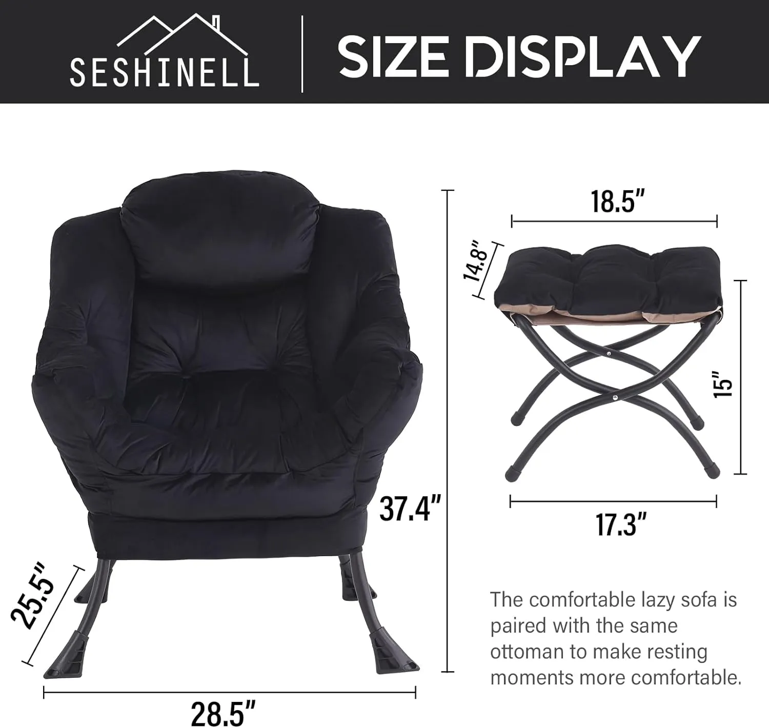 Lazy Chair with Ottoman, Modern Accent Chair Contemporary Lounge Leisure Sofa Chair with Armrests, Reading Chair and Folding Footstool Set for Living Room, Bedroom, Office, Velvet Black