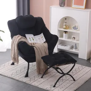 Lazy Chair with Ottoman, Modern Accent Chair Contemporary Lounge Leisure Sofa Chair with Armrests, Reading Chair and Folding Footstool Set for Living Room, Bedroom, Office, Velvet Black