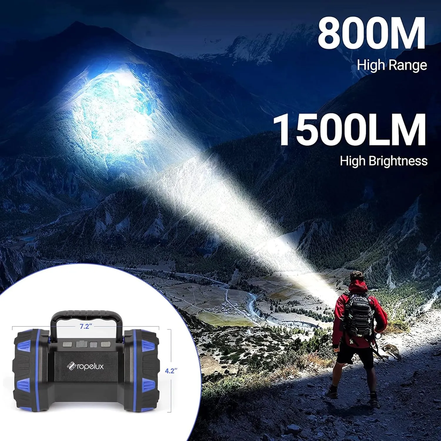 Led Camping Lantern Rechargeable, Camping Flashlight 1500LM, 8 Light Modes, Camping Lights 4800 Capacity, Portable Bright Flash Light for Emergencies, Power Outages, Hurricane, Hiking (Blue 1PACK).
