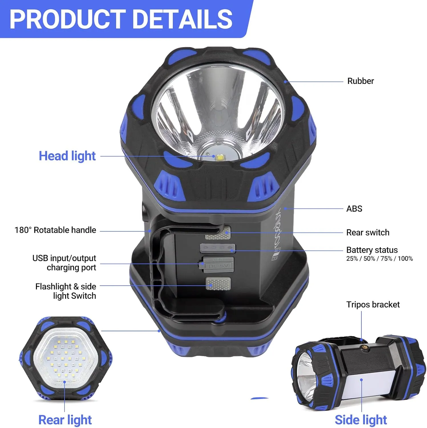 Led Camping Lantern Rechargeable, Camping Flashlight 1500LM, 8 Light Modes, Camping Lights 4800 Capacity, Portable Bright Flash Light for Emergencies, Power Outages, Hurricane, Hiking (Blue 1PACK).