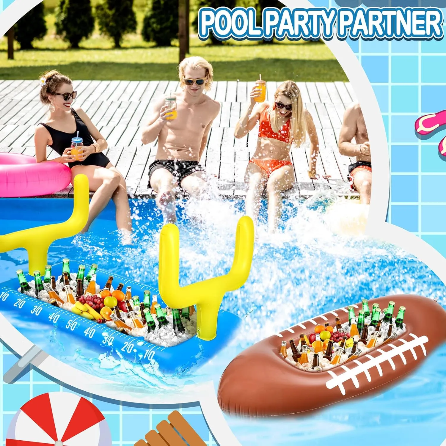 Leitee 2 Pcs Inflatable Football Drink Cooler Football Party Decoration Inflatable Field Cooler Ice Serving Bar Food Container for Summer Sport Birthday Party Favor Supplies(Blue, Brown)