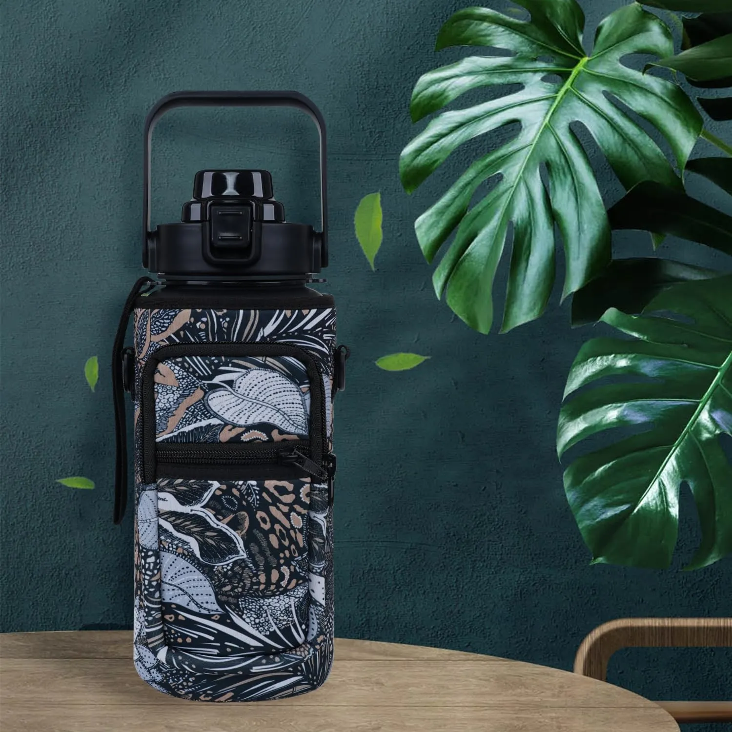 Leopards print Half Gallon Water Bottle with Sleeve - BPA Free Tropical Leaves Water Bottle 64 OZ - with Time Marker Leakproof Water Jug - Motivational Workout Water Bottle for Office Gym Outdoor Hiking Travel