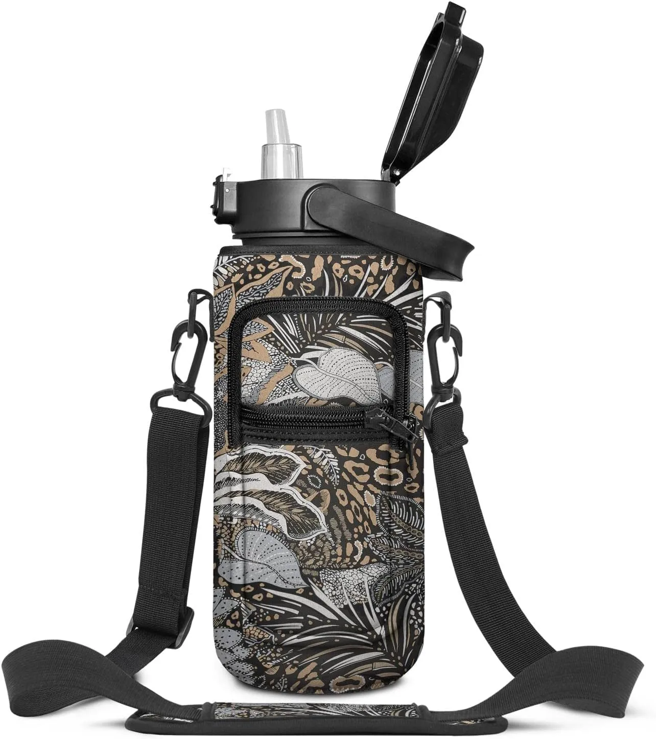 Leopards print Half Gallon Water Bottle with Sleeve - BPA Free Tropical Leaves Water Bottle 64 OZ - with Time Marker Leakproof Water Jug - Motivational Workout Water Bottle for Office Gym Outdoor Hiking Travel