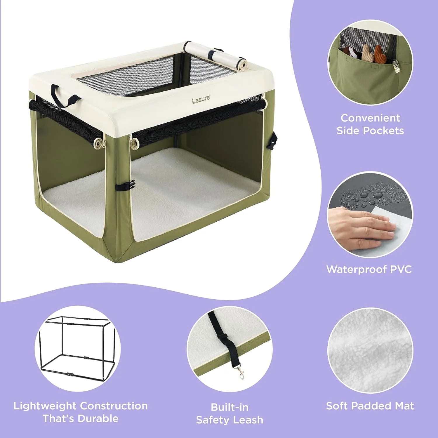 Lesure Collapsible Travel Dog Crate for Small Dogs, Portable Soft Dog Crate for Outdoor & Indoor, Folding Fabric Dog Kennel with Handle, 36 Inch Heavy Duty Pet Carrier (Green)