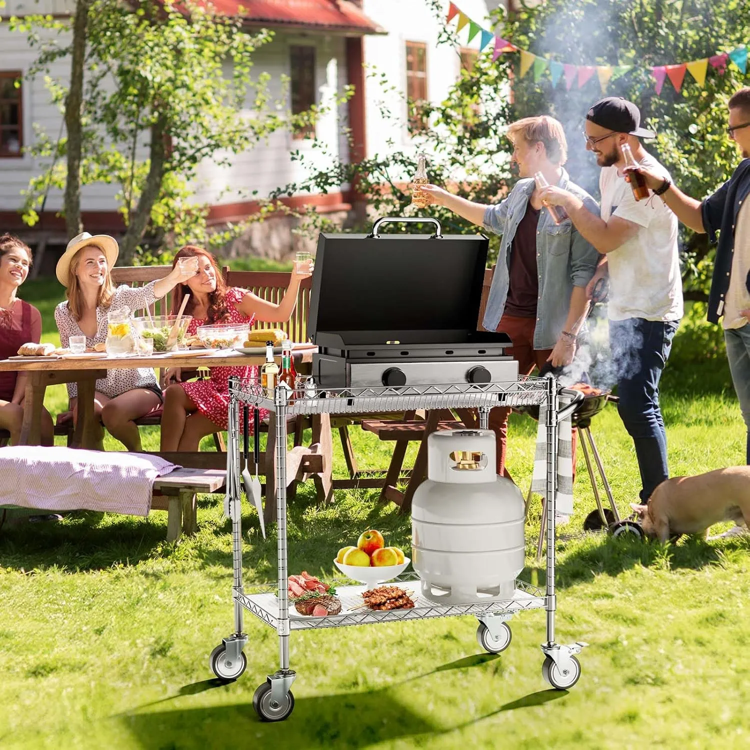 Leteuke Utility Tool Carts with Wheels, 900LBS Capacity Heavy Rolling Cart with Hand, Outdoor Grill Table Stand for Blackstone Griddle, Ninja Grill, Pizza Oven Table, BBQ, Kitchen-Chrome