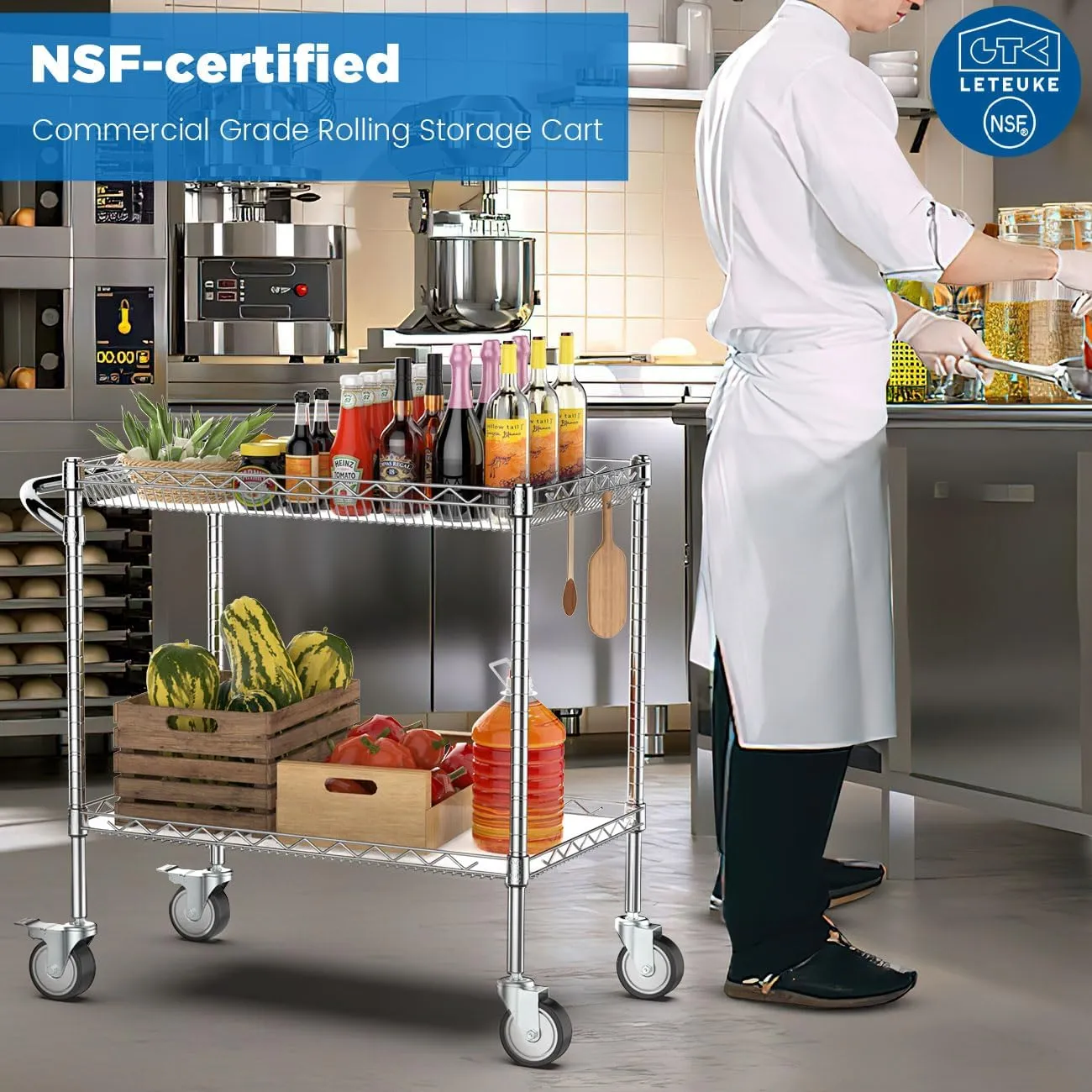 Leteuke Utility Tool Carts with Wheels, 900LBS Capacity Heavy Rolling Cart with Hand, Outdoor Grill Table Stand for Blackstone Griddle, Ninja Grill, Pizza Oven Table, BBQ, Kitchen-Chrome