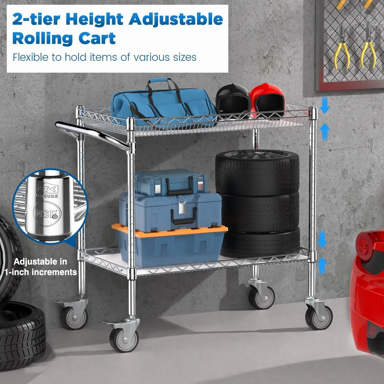 Leteuke Utility Tool Carts with Wheels, 900LBS Capacity Heavy Rolling Cart with Hand, Outdoor Grill Table Stand for Blackstone Griddle, Ninja Grill, Pizza Oven Table, BBQ, Kitchen-Chrome