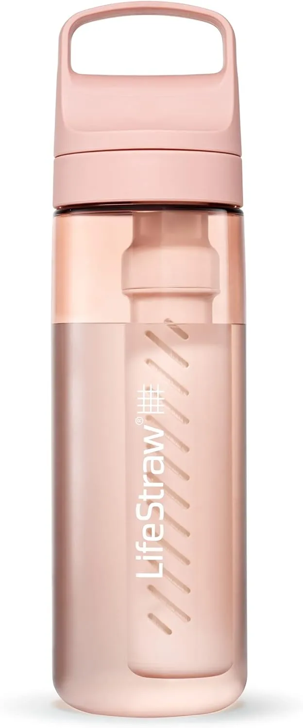 LifeStraw Go Series – BPA-Free Water Filter Bottle for Travel and Everyday use removes Bacteria, parasites and microplastics, Improves Taste, 22oz Cherry Blossom Pink