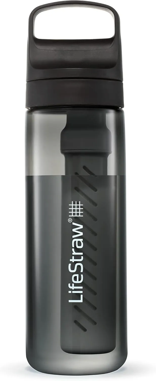 LifeStraw Go Series – BPA-Free Water Filter Bottle for Travel and Everyday use removes Bacteria, parasites and microplastics, Improves Taste, 22oz Nordic Noir