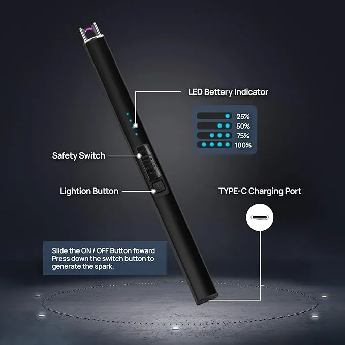 Lighter Candle Lighter, Electric Lighter USB Rechargeable Lighters Have Triple Safety and LED Battery Display, Windproof Flameless Plasma Arc Lighter for Candle Camping Grill (Black)