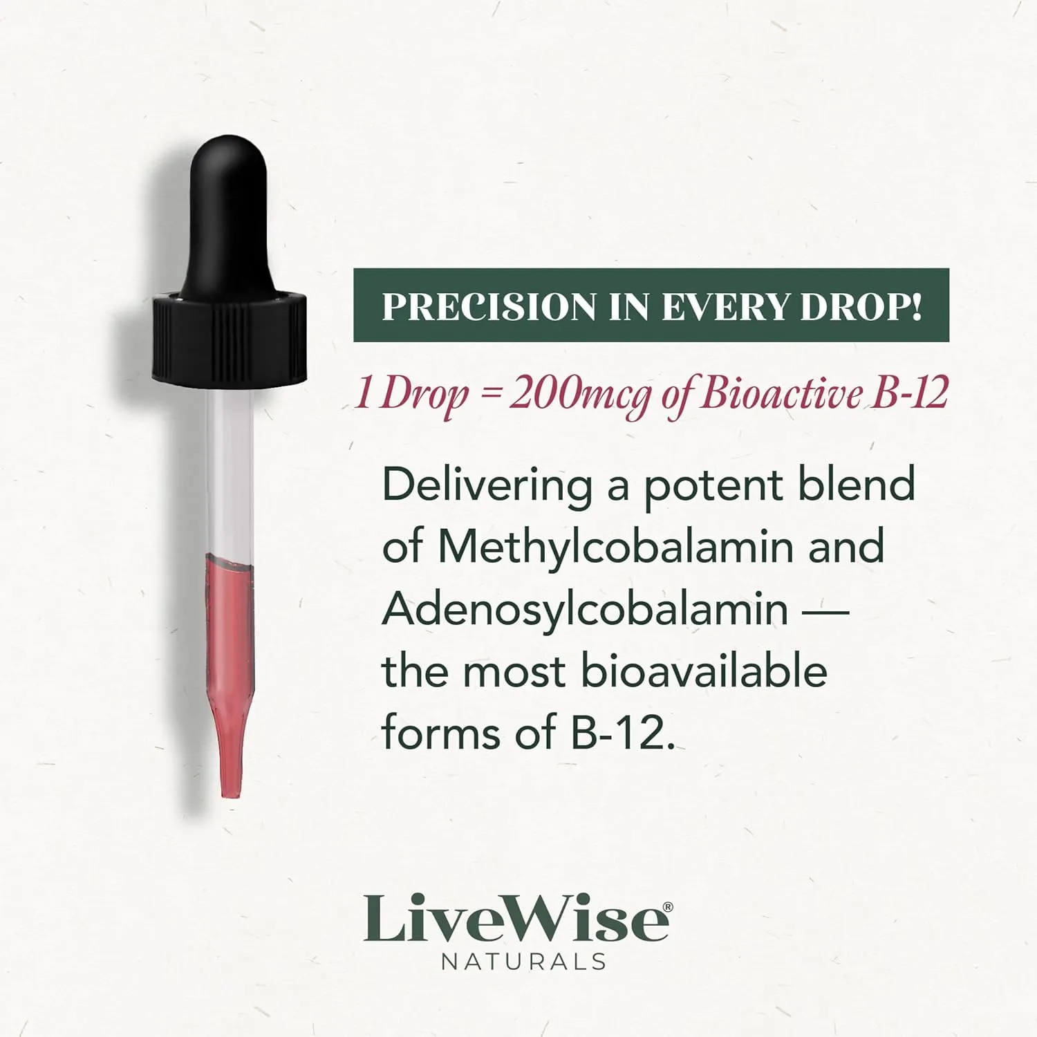 LiveWise Naturals B12 Vitamin Drops Non-GMO, Organic Bioactive Blend for Energy, Clarity, Focus, and Easy Absorption, Adenosylcobalamin & Methylcobalamin Supplement, Vegan, Gluten-Free, Dairy-Free