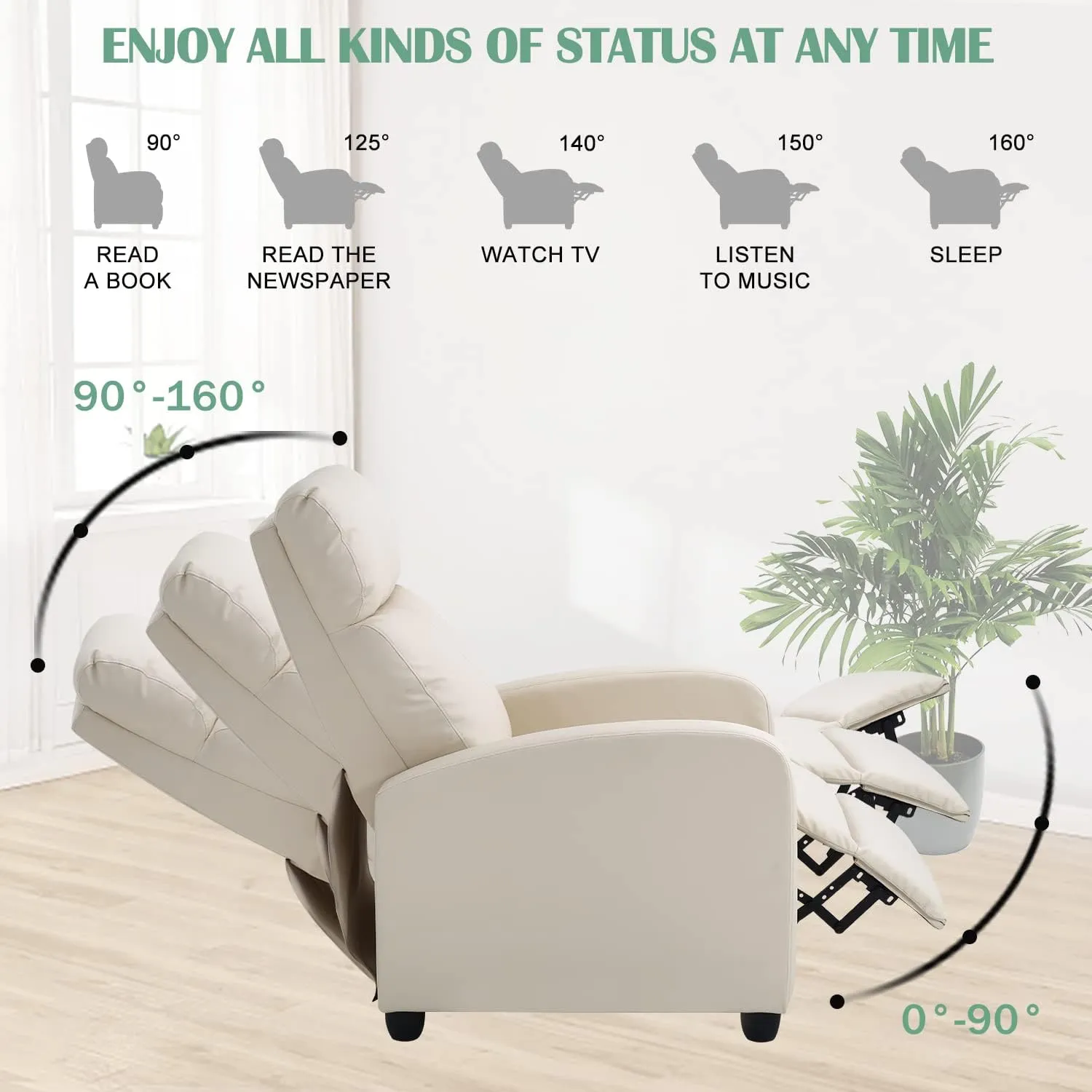 Living Room Recliner Chair Modern Reclining Easy Lounge Winback Single Sofa Reading Chair PU Leather Home Theater Seating Massage Adjustable Accent Armchair w/ Thick Seat Cushion & Backrest, Beige