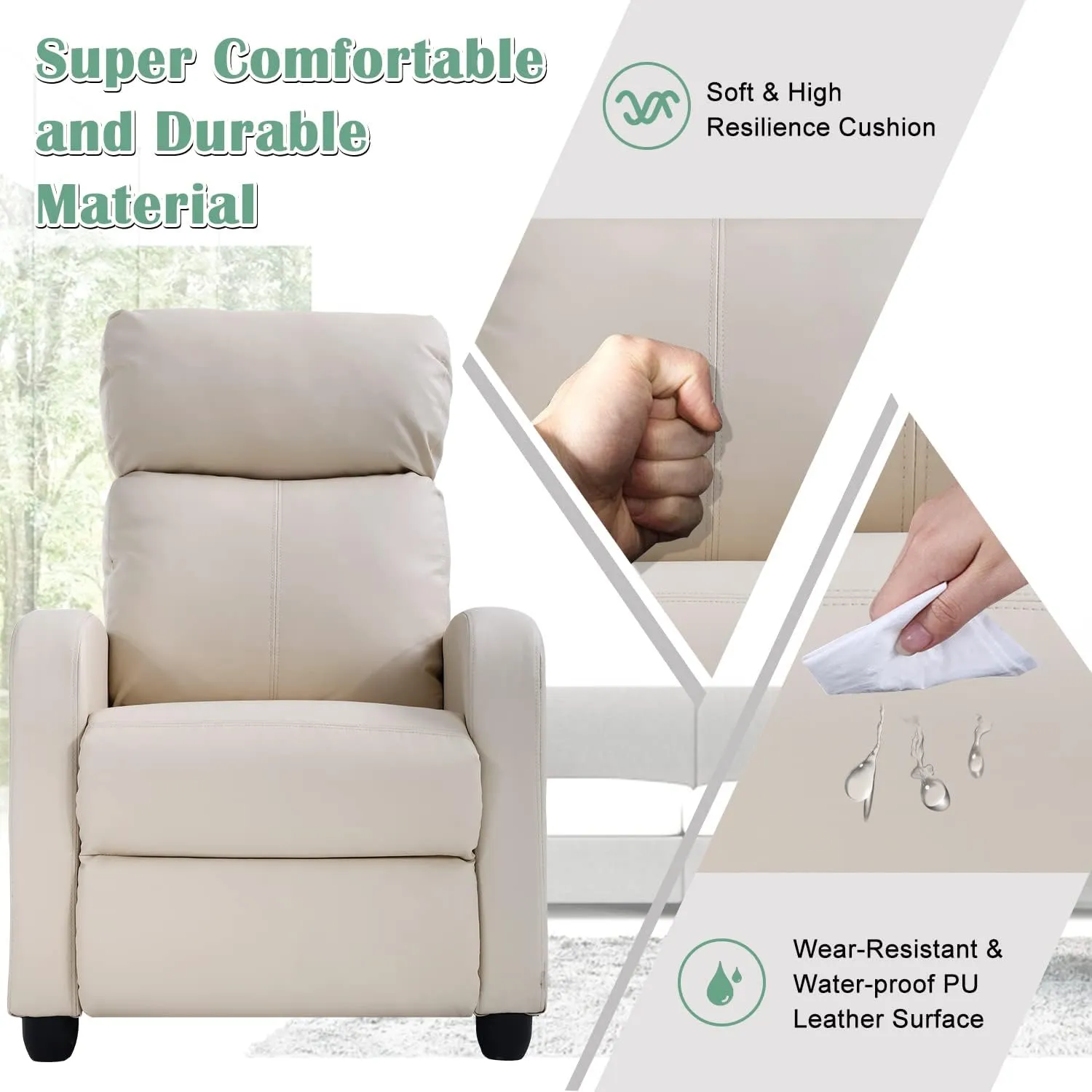 Living Room Recliner Chair Modern Reclining Easy Lounge Winback Single Sofa Reading Chair PU Leather Home Theater Seating Massage Adjustable Accent Armchair w/ Thick Seat Cushion & Backrest, Beige