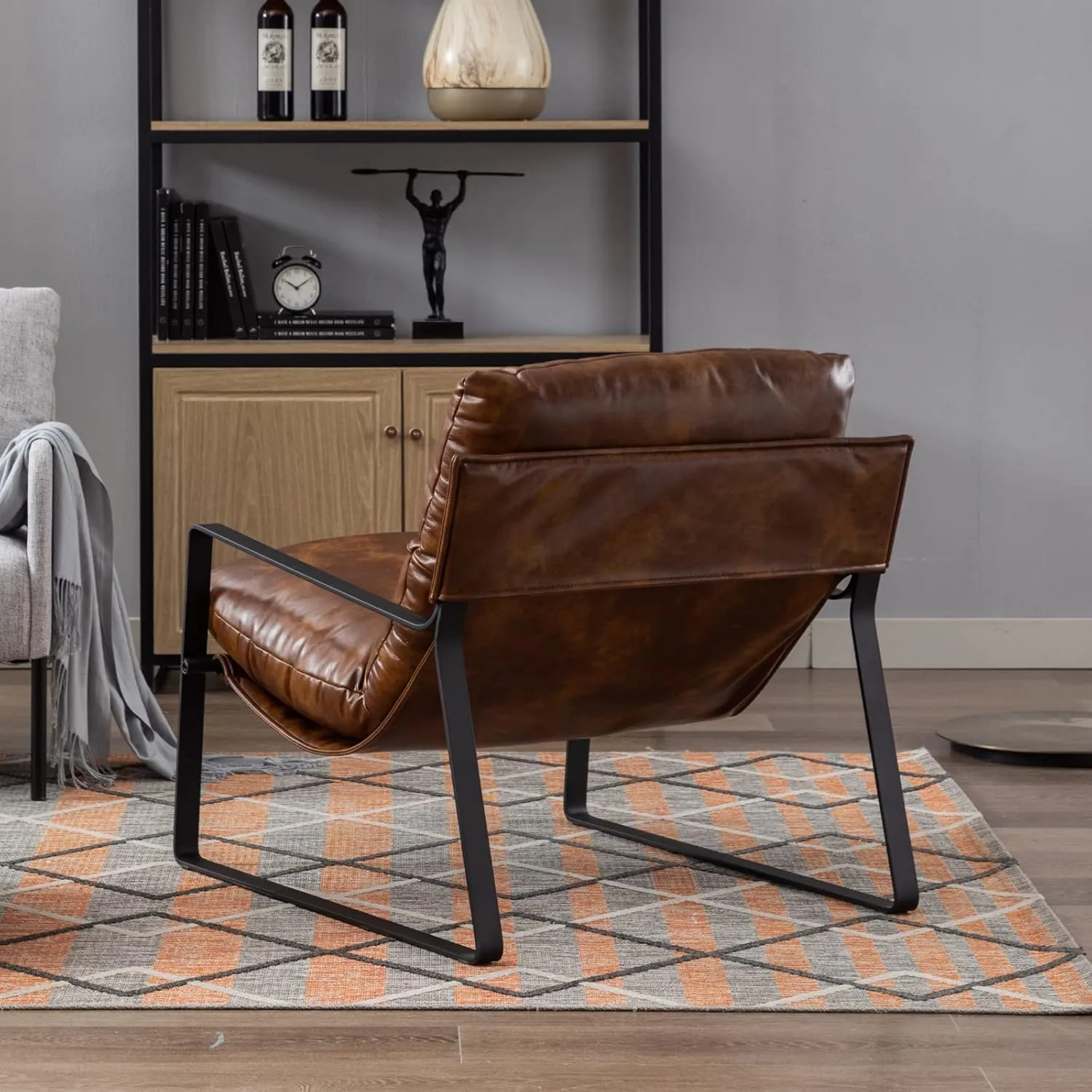 LukeAlon Modern PU Leather Accent Armchair, Upholstered Soft Living Room Chair with Black Metal Frame Thickened Cushion Single Sofa Chair Comfy Lounge Chair for Bedroom Living Room, Brown