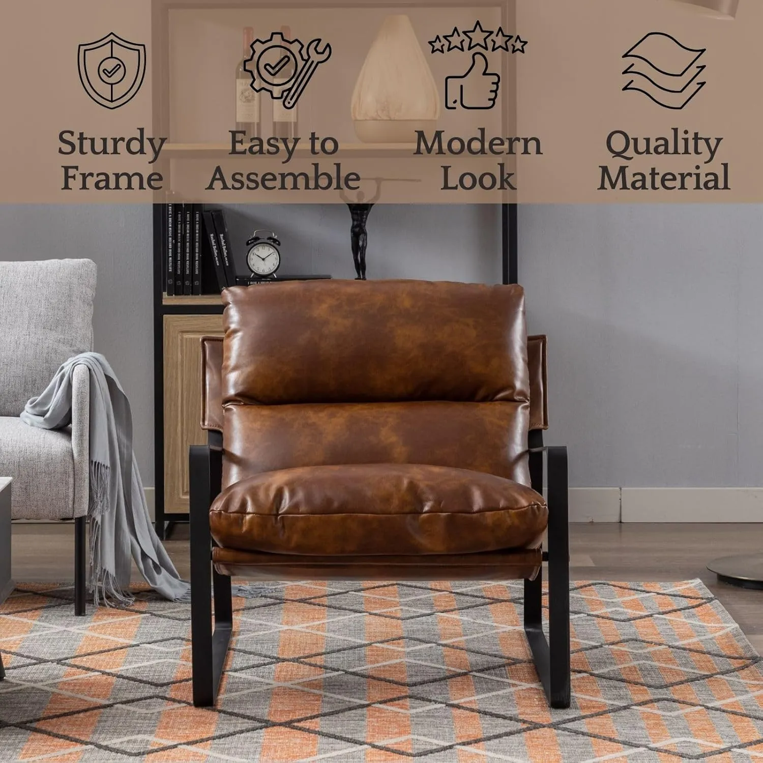 LukeAlon Modern PU Leather Accent Armchair, Upholstered Soft Living Room Chair with Black Metal Frame Thickened Cushion Single Sofa Chair Comfy Lounge Chair for Bedroom Living Room, Brown