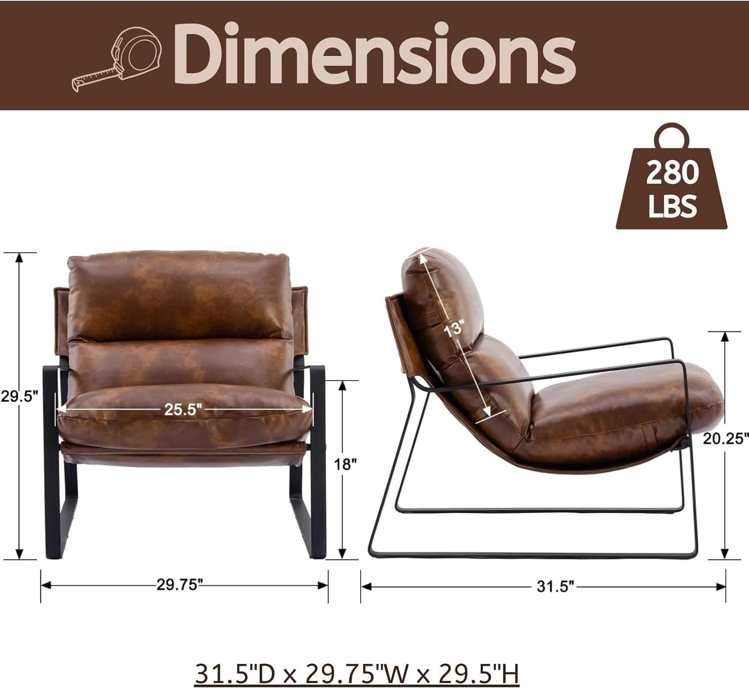 LukeAlon Modern PU Leather Accent Armchair, Upholstered Soft Living Room Chair with Black Metal Frame Thickened Cushion Single Sofa Chair Comfy Lounge Chair for Bedroom Living Room, Brown