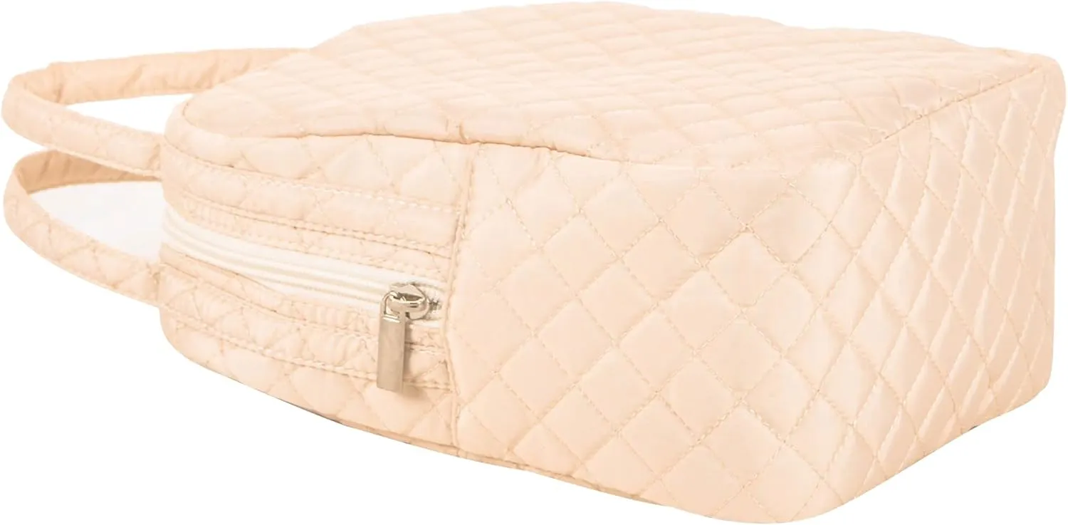 Machine Washable Women Quilted Fabric Insulated Reusable Cooler Lunch Bag Tote Adult Thermal Lunch Box Storage Bag for Ｗork (Beige)
