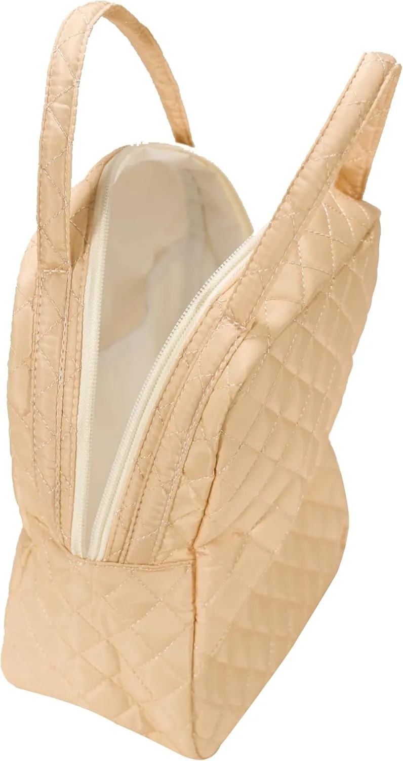 Machine Washable Women Quilted Fabric Insulated Reusable Cooler Lunch Bag Tote Adult Thermal Lunch Box Storage Bag for Ｗork (Beige)
