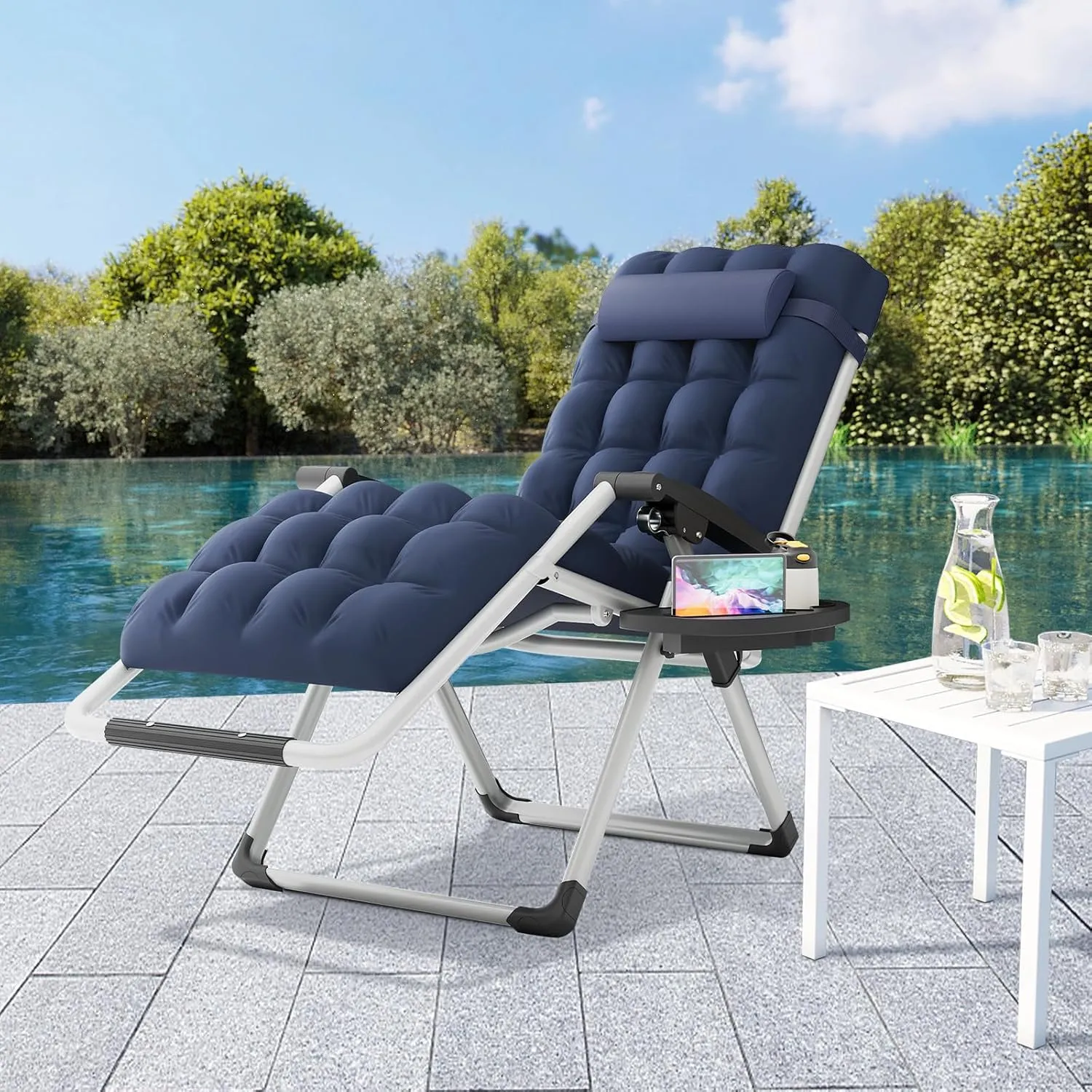 Magshion Zero Gravity Chair with Cushion, Reclining Outdoor Patio Lounge Chair, Folding Indoor Anti Gravity Recliner, Portable Lounger with Removable Cup Holder Side Tray and Pillow Headrest (Blue)