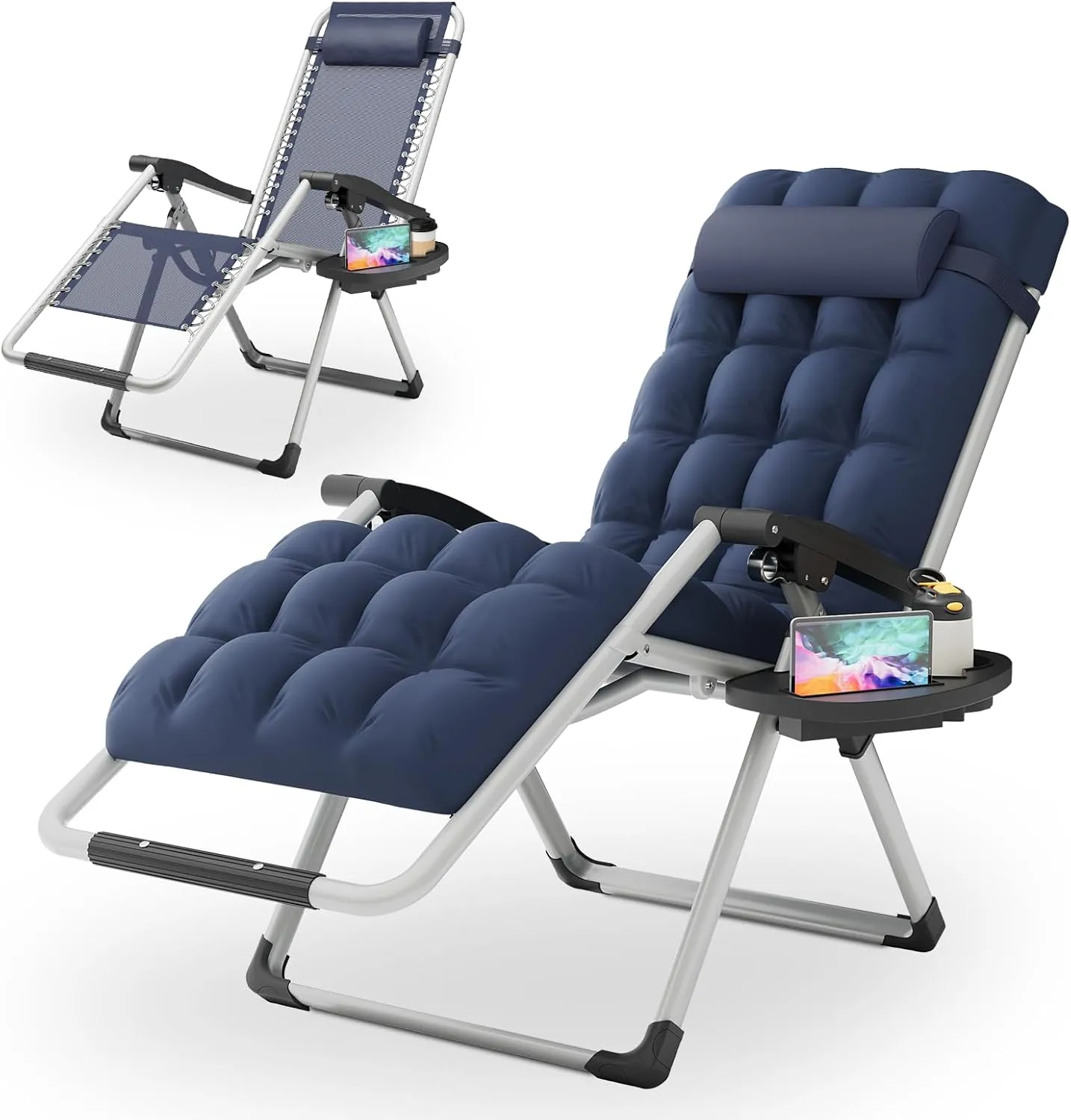 Magshion Zero Gravity Chair with Cushion, Reclining Outdoor Patio Lounge Chair, Folding Indoor Anti Gravity Recliner, Portable Lounger with Removable Cup Holder Side Tray and Pillow Headrest (Blue)