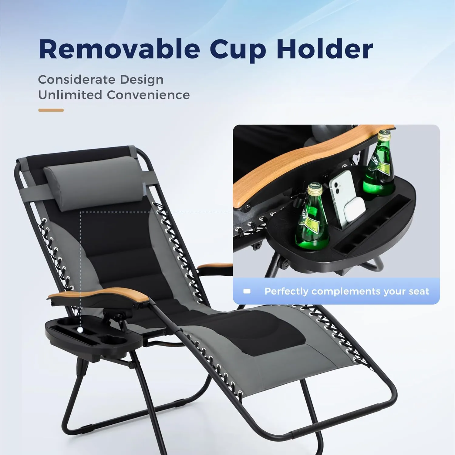 MAISON ARTS Oversized XXL Padded Zero Gravity Lawn Chair Foldable Recliner 30" Wide Seat Anti Gravity Lounge Chair Outdoor Camp Chair for Poolside Backyard Beach, Support 400LBS, Grey