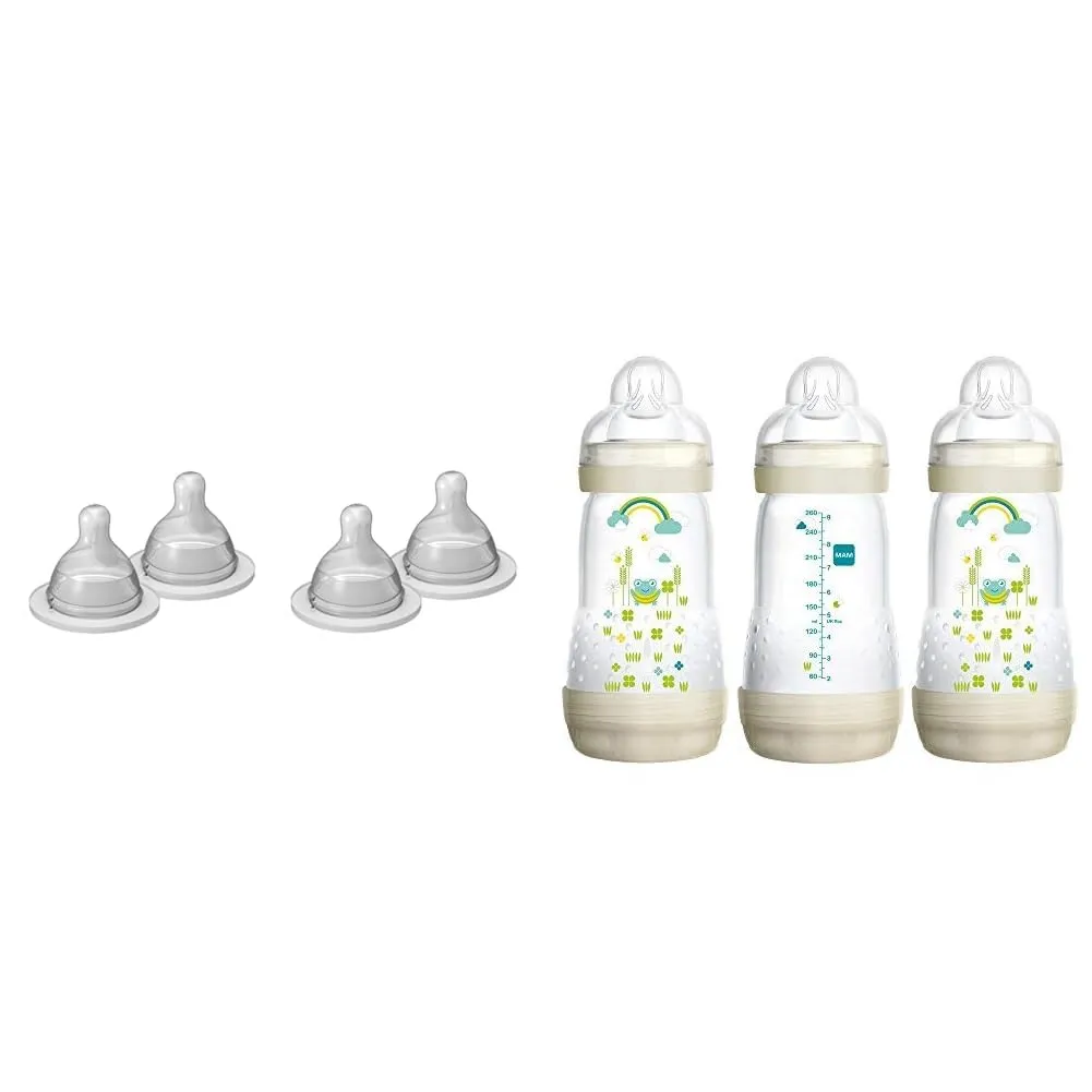 MAM Bottle Nipples Extra Slow Flow Nipple Size 0, for Newborn Babies and Older & Easy Start Anti-Colic Bottle, Baby Essentials, Medium Flow Bottles with Silicone Nipple