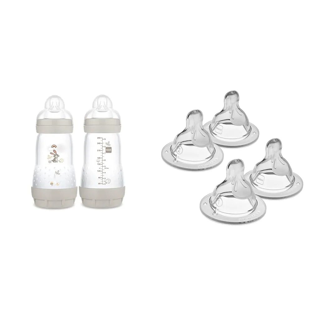 MAM Easy Start Anti-Colic Baby Bottles, 9 oz (2 Count) & Nipples Mixed Flow Pack - Slow Flow Level 1 & Medium Flow Level 2, Fits All MAM Bottles (4 Count)