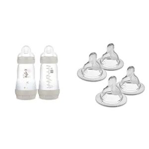MAM Easy Start Anti-Colic Baby Bottles, 9 oz (2 Count) & Nipples Mixed Flow Pack - Slow Flow Level 1 & Medium Flow Level 2, Fits All MAM Bottles (4 Count)