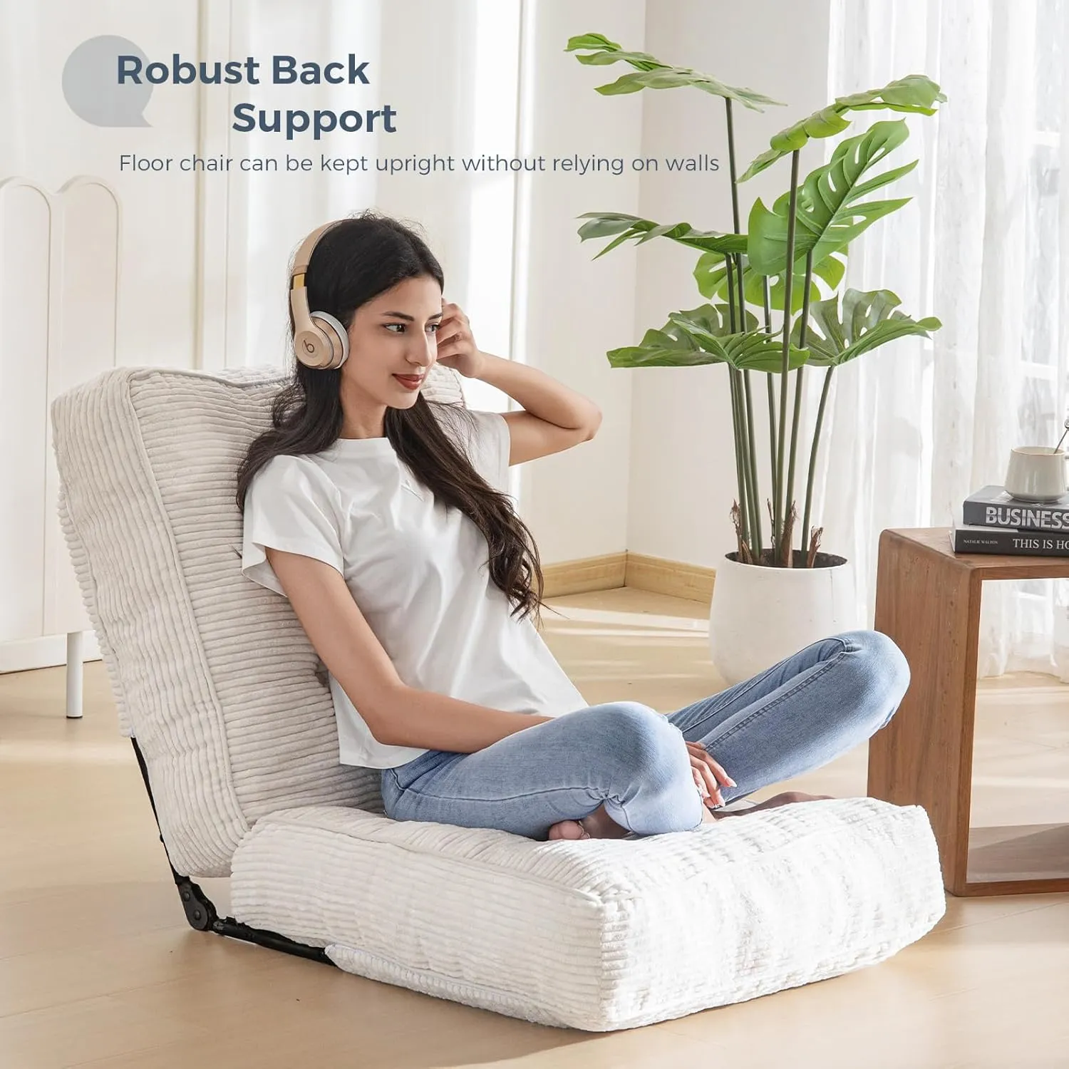 MAXYOYO Adjustable Floor Chair with Back Support, Gaming Floor Meditation Chair with Tufted Cushion, Adults Lounge Couch Folding Sofa Seat for Reading Meditating Sleeping, Beige