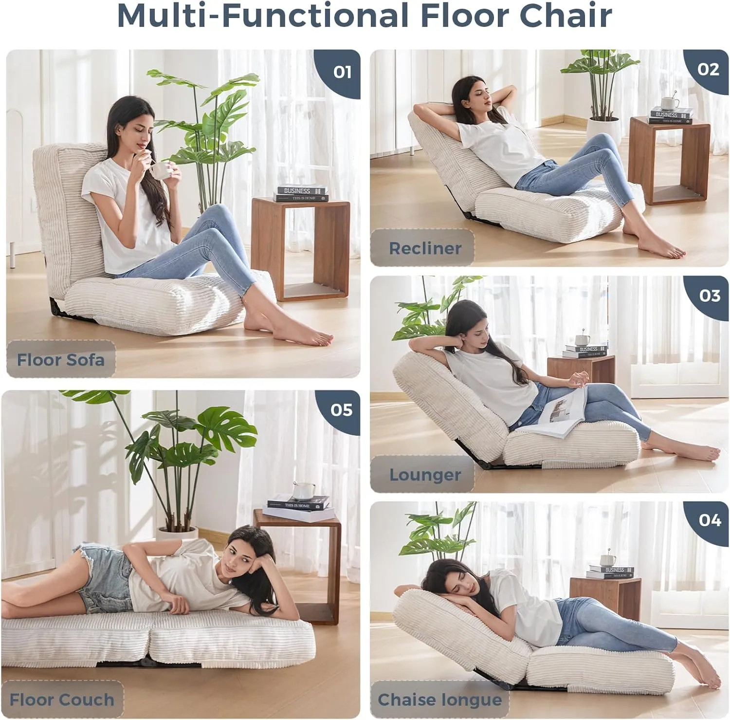 MAXYOYO Adjustable Floor Chair with Back Support, Gaming Floor Meditation Chair with Tufted Cushion, Adults Lounge Couch Folding Sofa Seat for Reading Meditating Sleeping, Beige